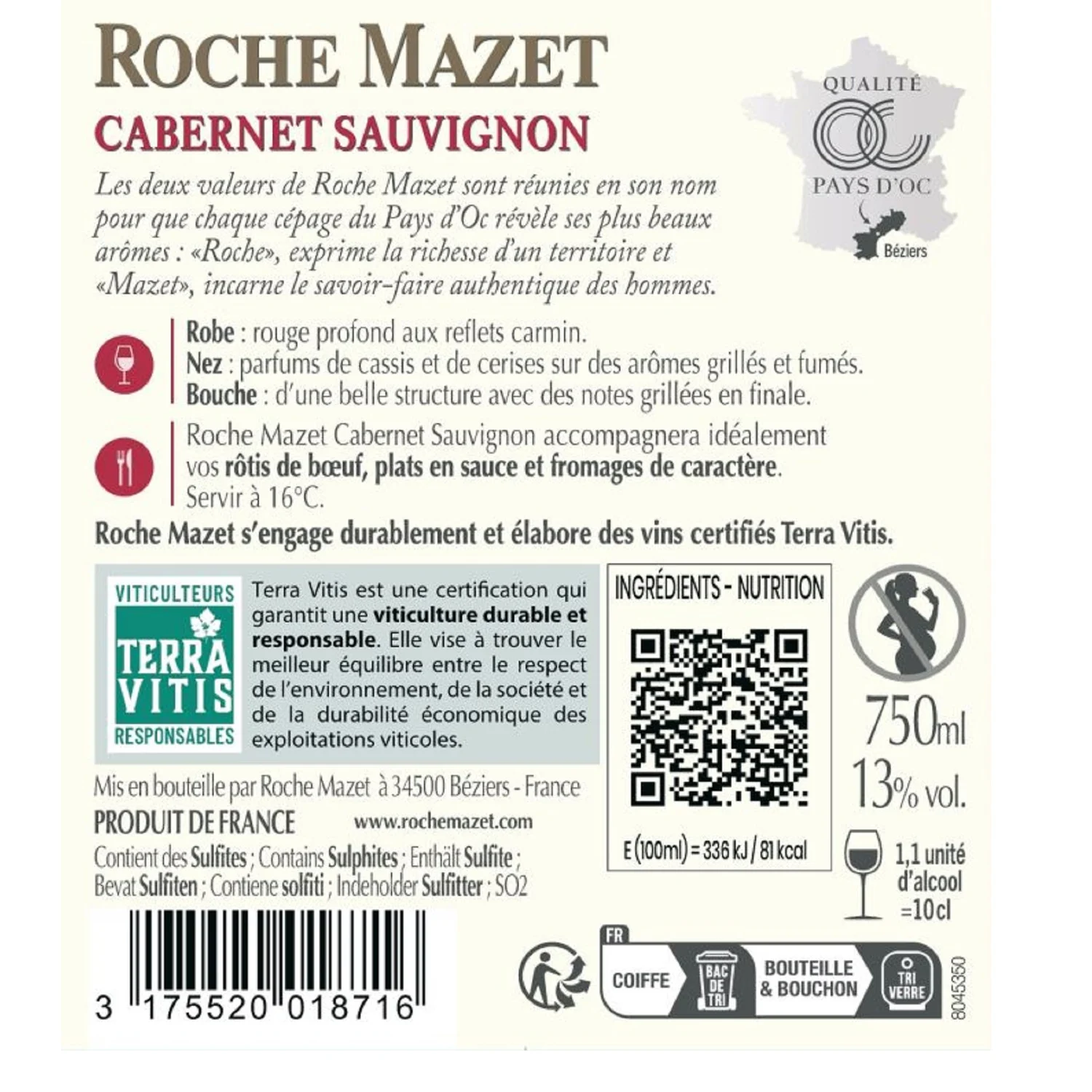vin rouge i.g.p. pays d'oc cabernet sauvignon roche mazet la bouteille 75cl vin rouge i.g.p. pays d'oc cabernet sauvignon roche mazet la bouteille 75cl