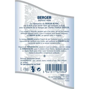 spiritueux anisé berger blanc 45% berger la bouteille de 1l