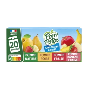 compotes pomme, poire, fraise, banane fraise sans sucres ajoutés pom'potes les 20 gourdes de 90g
