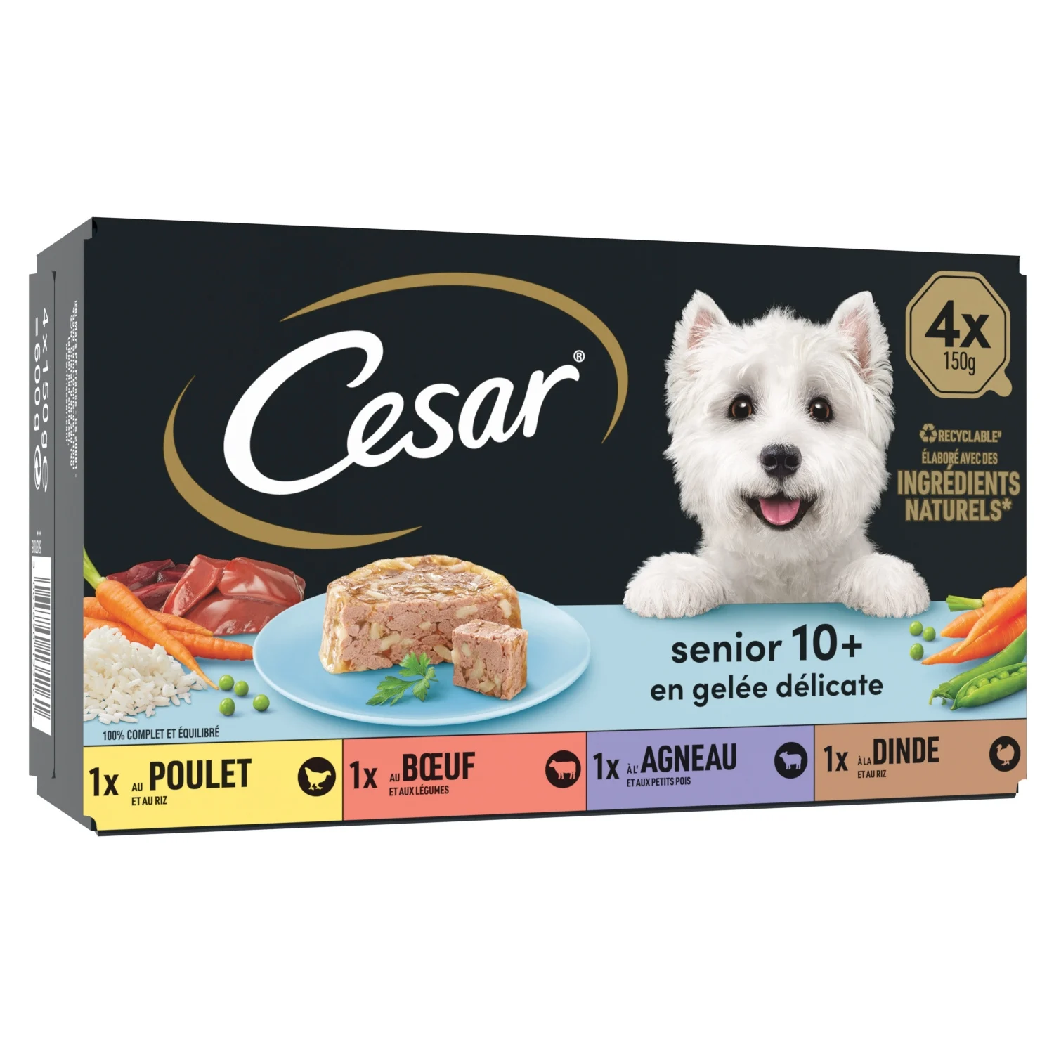 pâtée pour chien sénior gelée poulet boeuf agneau dinde cesar la boîte de 4 barquettes pâtée pour chien sénior gelée poulet boeuf agneau dinde cesar la boîte de 4 barquettes