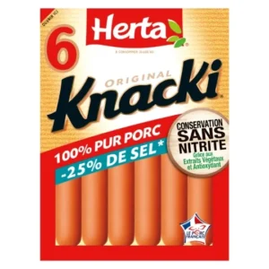 saucisses knacki sel réduit 100% pur porc herta la barquette de 6 saucisses