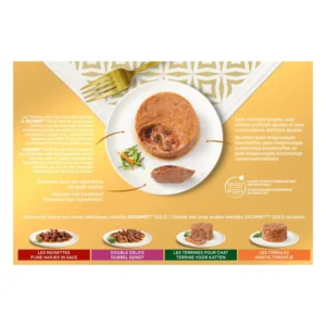 pâtée pour chat adulte en terrine multi variétés viande poisson légume gold gourmet les 12 boîtes de 85g