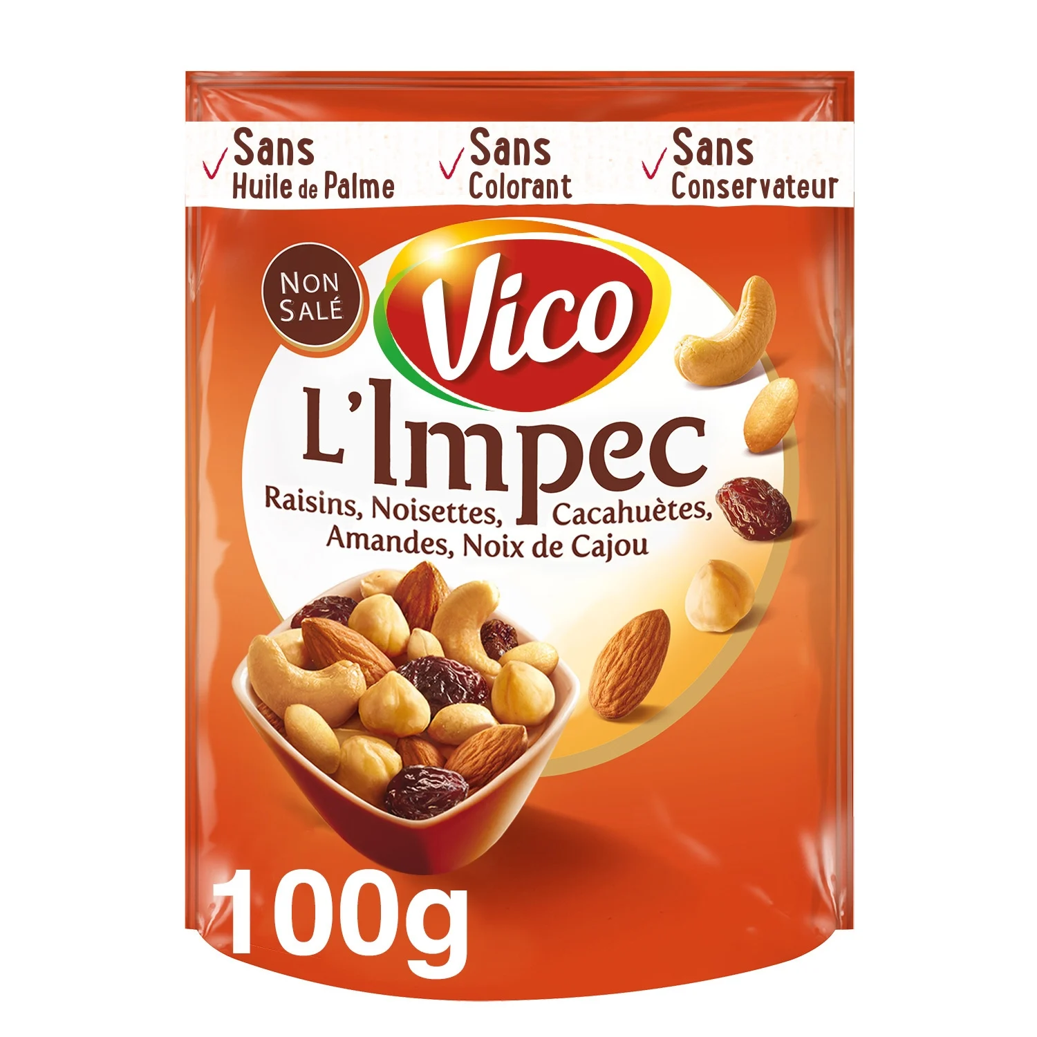 mélange l'impec raisins, noisettes, cacahuètes, amandes, noix de cajou vico le paquet de 100g mélange l'impec raisins, noisettes, cacahuètes, amandes, noix de cajou vico le paquet de 100g